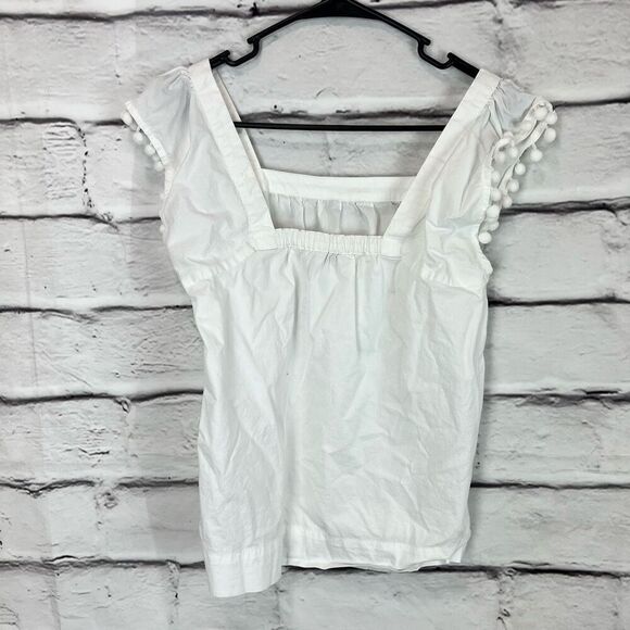J.Crew Women's White Ruffle-Trim Square Neck Sleeveless Blouse Pom pom 0 - Picture 6 of 8